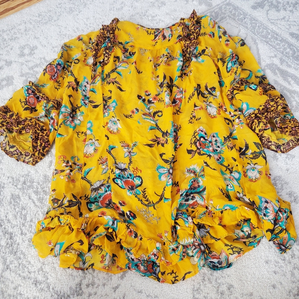 Anthropologie Ruffle Yellow Mesh Blouse - Picture 6 of 8